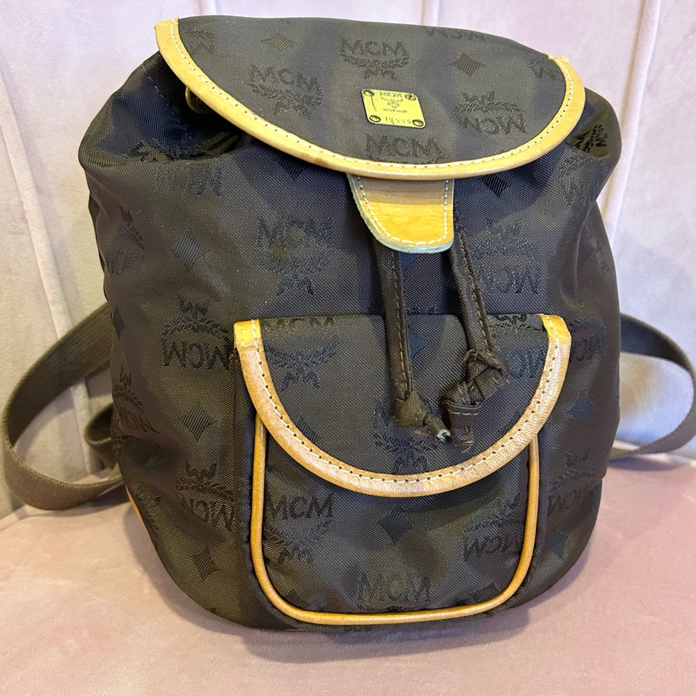 MCM Brown nylon leather trim backpack